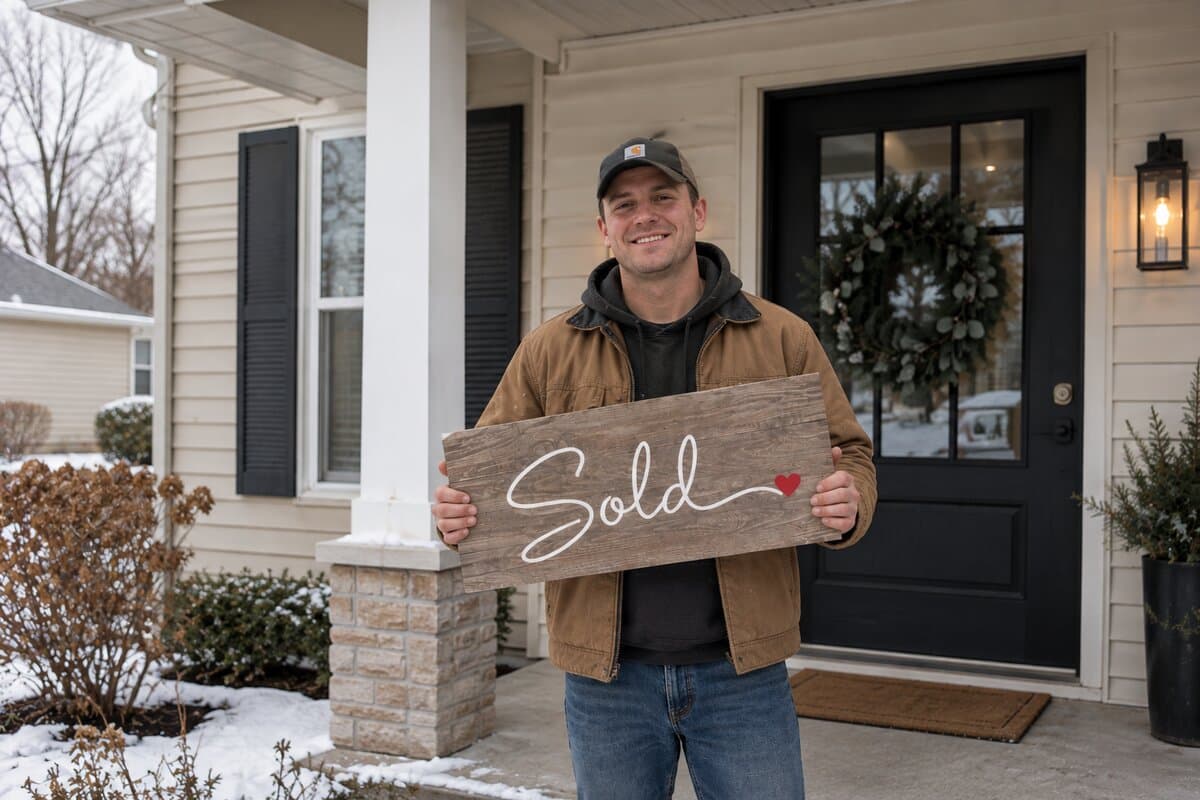 A new homeowner holding a 'Sold' sign outside their first home